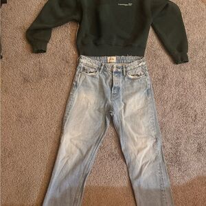 Zara Green Sweatshirt and Light Blue Jeans